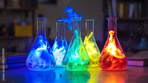 Colorful chemistry experiment with beakers and liquids for science education