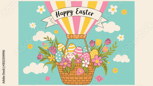 Happy easter greeting card with a hot air balloon basket filled with colorful eggs and flowers