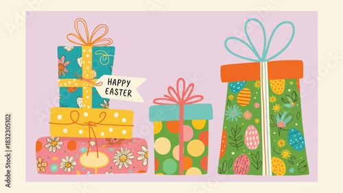 Happy easter greeting with a stack of colorful gift boxes adorned with festive patterns and spring motifs