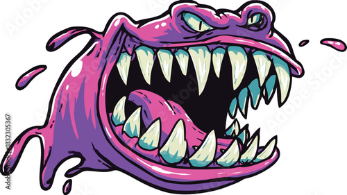 Fierce Monster Cartoon Character with Sharp Teeth and Big Mouth Illustration
