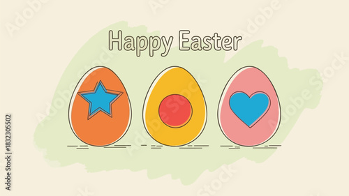 Happy easter greeting with three stylized eggs decorated with a star circle and heart shapes