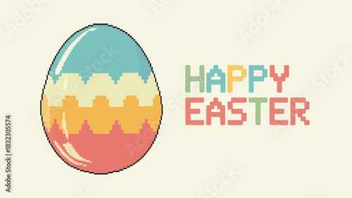 Retro pixel art easter egg with happy easter text in pastel colors on a cream background