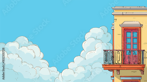 Charming Cartoon House with Balcony on Blue Sky Background