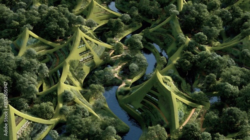 Aerial view of green landscape with river and trees nature photography park