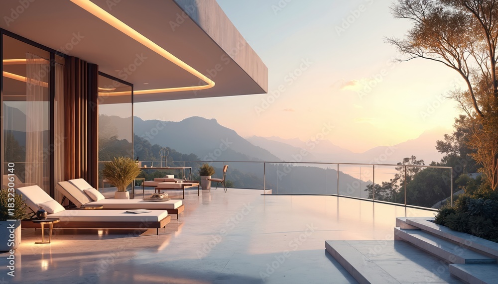Naklejka premium Modern villa terrace with lounge chairs overlooks serene mountain landscape at sunset. Sleek design, glass railing, luxury outdoor living space. Peaceful, scenic, elegant ambiance for relaxation,