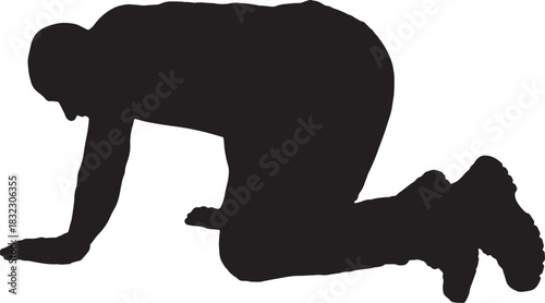 vector,side view of Silhouette of a man on all fours staring at the ground