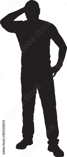 vector,Front view of a man with his hand on his forehead looking away