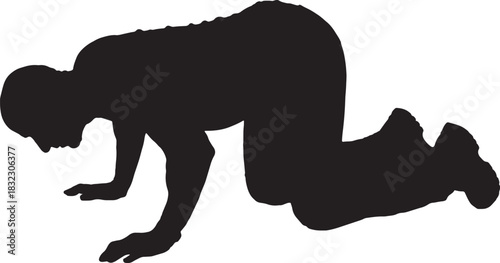vector,side view of Silhouette of a man on all fours staring at the ground