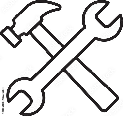 Collection of line art icons featuring a hammer and wrench for construction and repair services