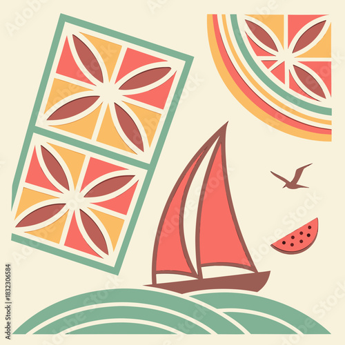 Summer Vacation & Travel Vector: Retro Illustration of a Sailboat on Waves with Geometric Patterns, Seagull, and Watermelon Slice for Holiday Graphics