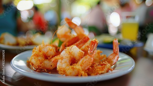Fototapeta Naklejka Na Ścianę i Meble -  Crispy fried shrimp on a white plate with herbs, on a table in a restaurant. A delicious healthy lunch.