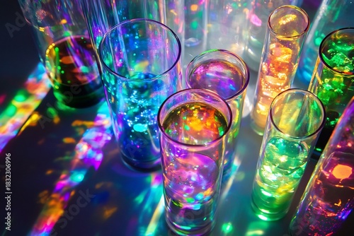 Colorful light refraction through glass water glasses abstract photography