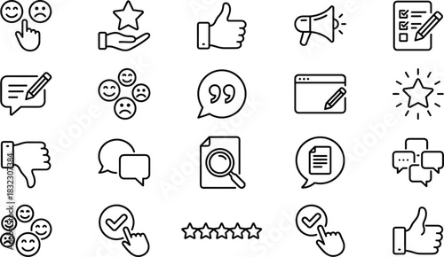 “Customer feedback and review icon set, rating symbols, satisfaction survey graphics, communication and comment elements for user opinion evaluation design”