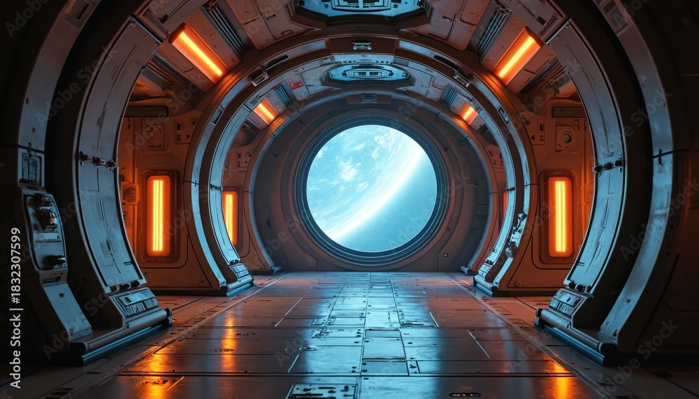 Fototapeta premium Interior of a futuristic space station corridor with Earth visible through a large circular window. Orange lights illuminate the metallic hallway giving it a sci fi feel.