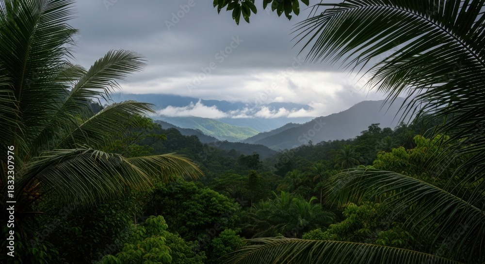 Obraz premium Rainforest valley landscape with cloud formations