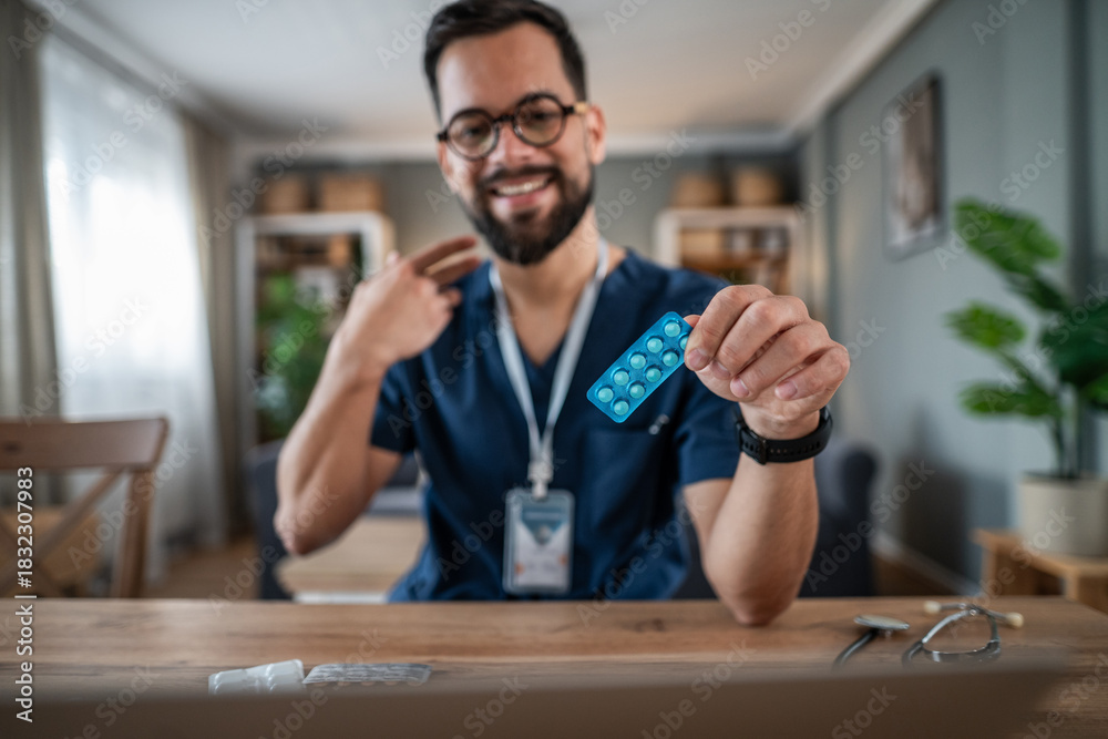 Fototapeta premium Doctor discussing medication prescriptions during telemedicine video call