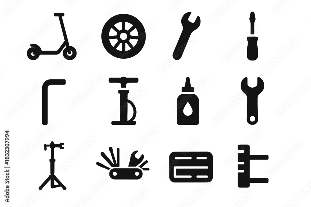 Obraz premium Micro mobility icon scooter brake tool alignment wheel chain multitool pump vector