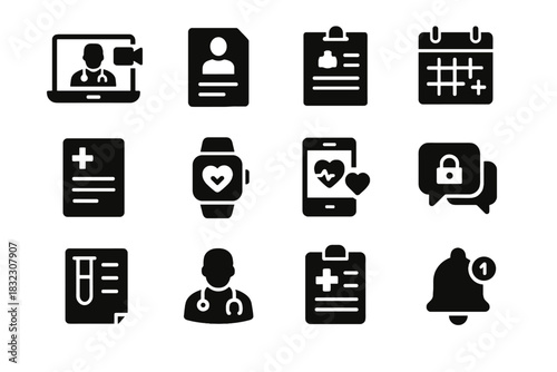 Video prescription avatar medical set chart device secure telemedicine doctor vector icon