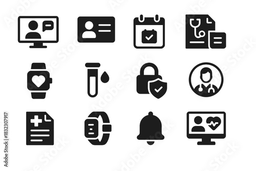 Medical set pad telemedicine sensor patient icon chat wearable profile appointment vector