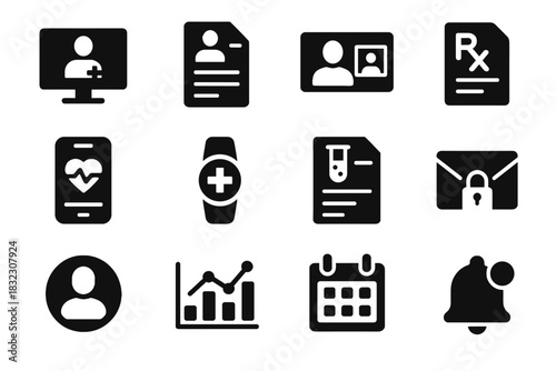 Health chart appointment monitor calendar messaging icon set vector video call telemedicine