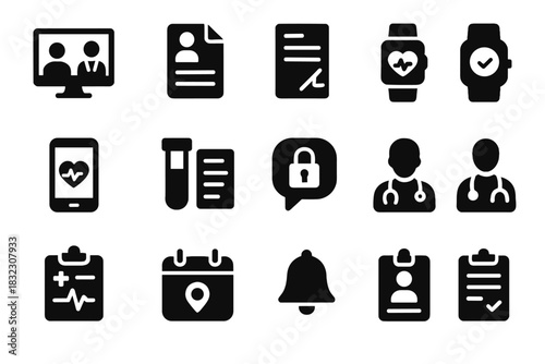 Device result consultation profile telemedicine icon video sheet notification set vector module