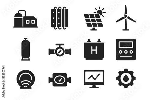 Icon flow unit vector wind panel hydro pipeline electrolyzer stack green turbine