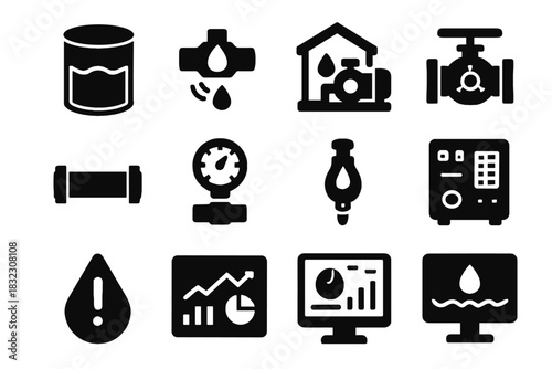 Unit smart valve icons reservoir icon flow pipeline vector panel monitoring level