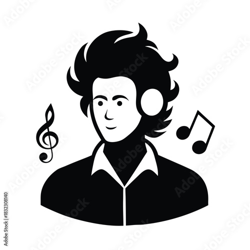Man portrait sketch music notes black white vector illustration