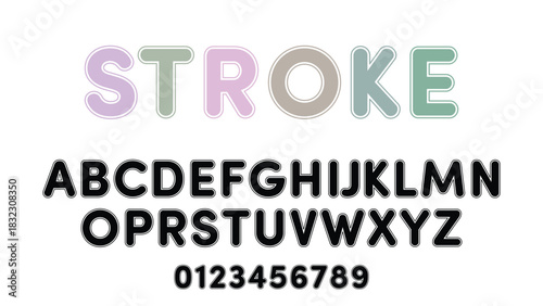 Pastel outline word stroke with rounded uppercase alphabet and numbers, bold black stroke font set on white background, modern playful vector typography design