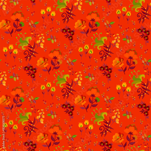 Allover floral pattern. Embroidered flowers. Fabulous seamless print for fabric. Chinese motifs. Beautiful art, background, beautiful, botanical, bright, cloth, cute, decor, decoration, decembroidery.