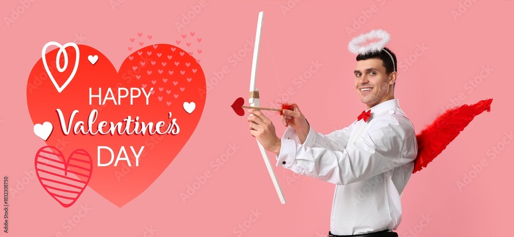 Obraz premium Young man dressed as Cupid with bow and arrow on pink background. Banner for Valentine's Day