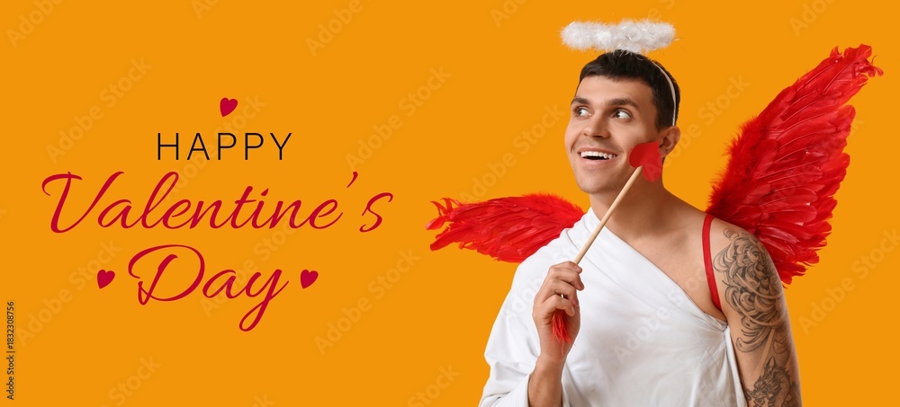 Obraz premium Young man dressed as Cupid on yellow background. Banner for Valentine's Day