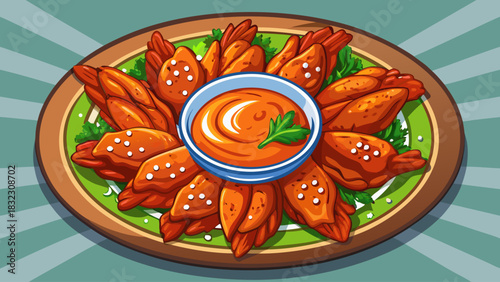 Juicy buffalo chicken wings arranged on a plate with a small bowl of dipping sauce, photographed from above. Bright, appetizing presentation ideal for restaurant menus and food promotions