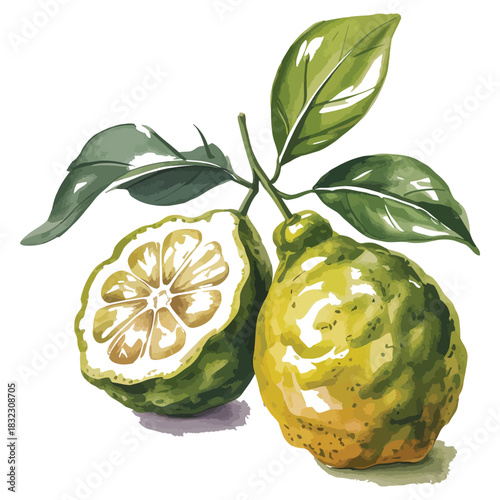 Watercolor illustration of a whole and halved bergamot fruit with leaves