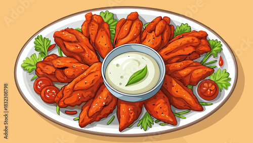 Top-view buffalo chicken wings served on a plate with a side of creamy dipping sauce. Crispy, spicy, and flavorful, perfect for food photography, menu design, or culinary advertising