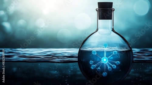 Science lab beaker with molecule structure liquid chemistry research concept