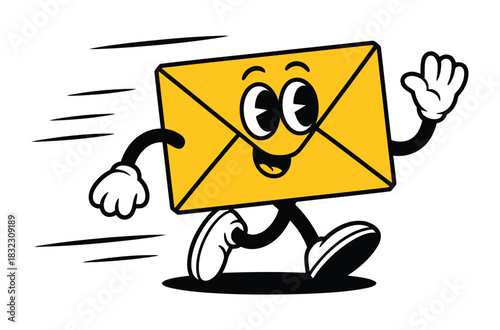 A cartoon envelope character running quickly with a happy expression and motion lines.
