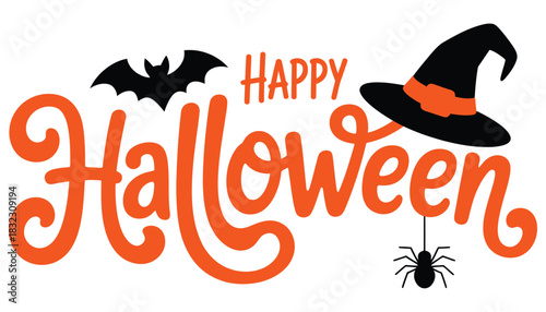 Happy Halloween with bat, spider, and witch hat graphic elements.