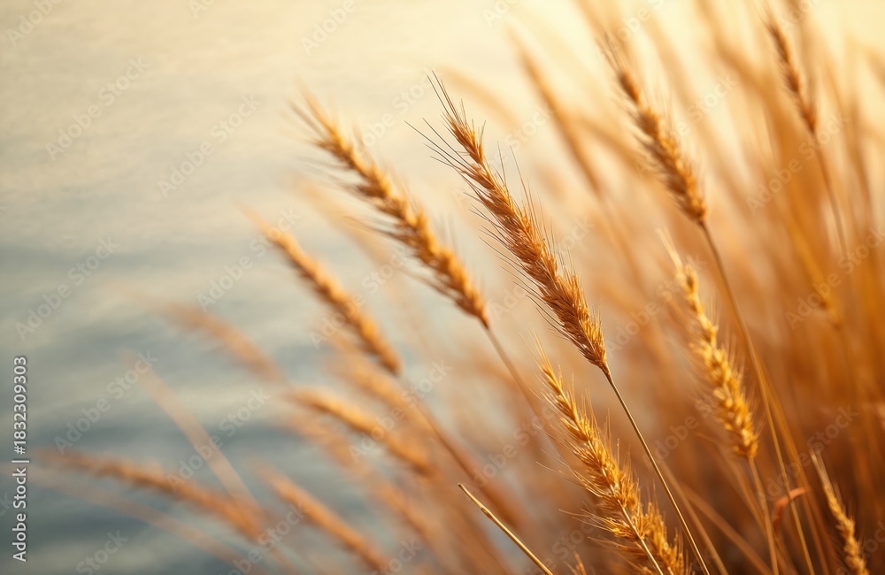 Fototapeta premium Golden dry grass stalks sway gently near water. Soft focus background shows calm water surface. Natural texture of wild plants in soft light.