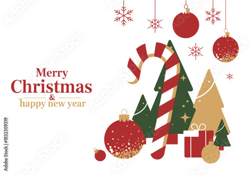 Merry Christmas and happy new year with festive ornaments and gifts.