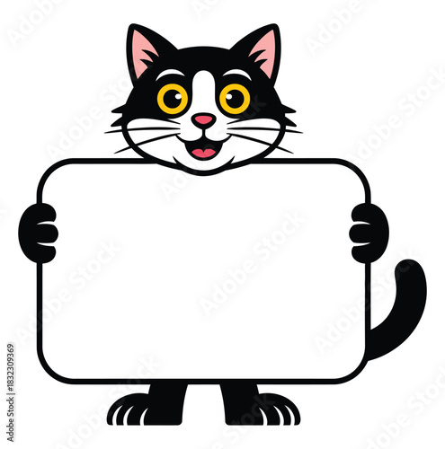 A cartoon cat holds a blank sign, ready for text or images.