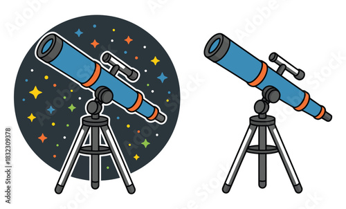 A blue telescope on a tripod is depicted against a starry background in an illustration.
