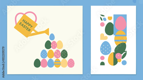 Whimsical happy easter illustration with a watering can pouring colorful eggs and abstract shapes
