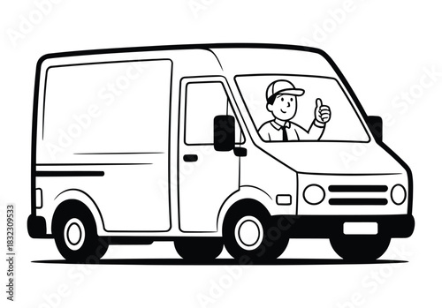 A delivery driver in a van gives a thumbs up, signifying satisfaction with the service.
