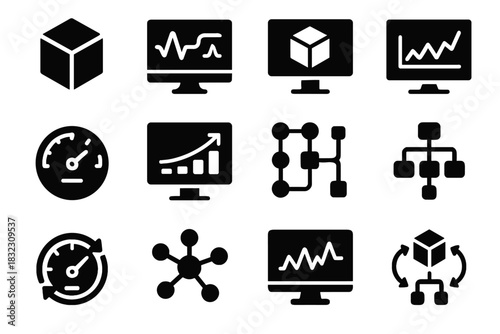 Data connectivity workflow analytics simulation display vector twin model icon digital interface