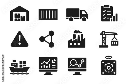 Chain monitoring dashboard indicator route container icon cargo supply delivery vector icons