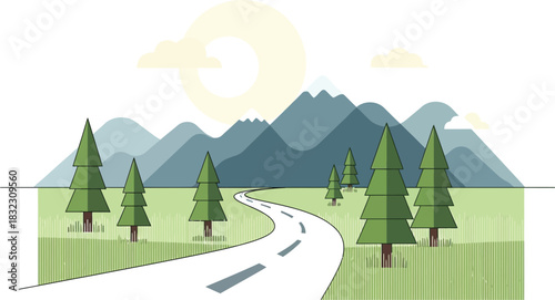 Scenic winding road through a mountain landscape isolated on white background