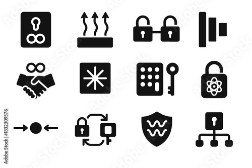 Icon quantum interference vector cryptography lock channel secure router silhouette icons randomness