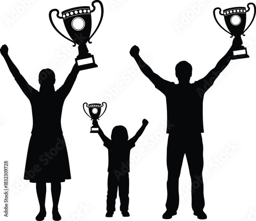 Family silhouette, trophy celebration, child with award, adult success, victory pose, teamwork joy, black vector, shared achievement moment