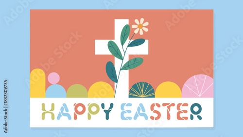 Happy easter greeting card with a white cross and blooming flower on a coral background